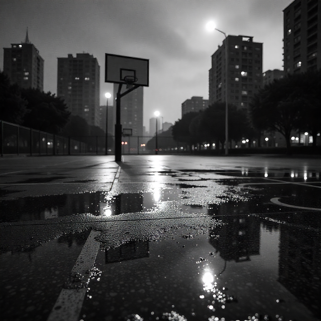 Water Damage on Outdoor Basketball Court Surface Puddles on basketball court flooring reducing slip resistance and posing safety risks in humid climates