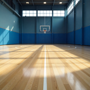 Hardwood sports flooring with shock-absorbing and slip-resistant finish for safe indoor athletic performance