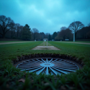 Close-up of drainage hole in green outdoor sports flooring for effective water runoff and moisture control