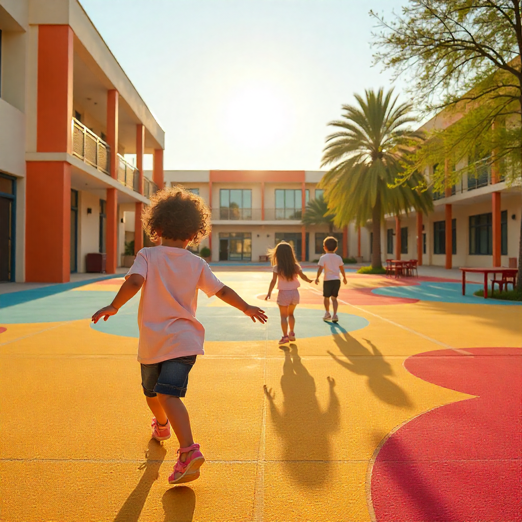Children playing on safe playground flooring in a UAE school