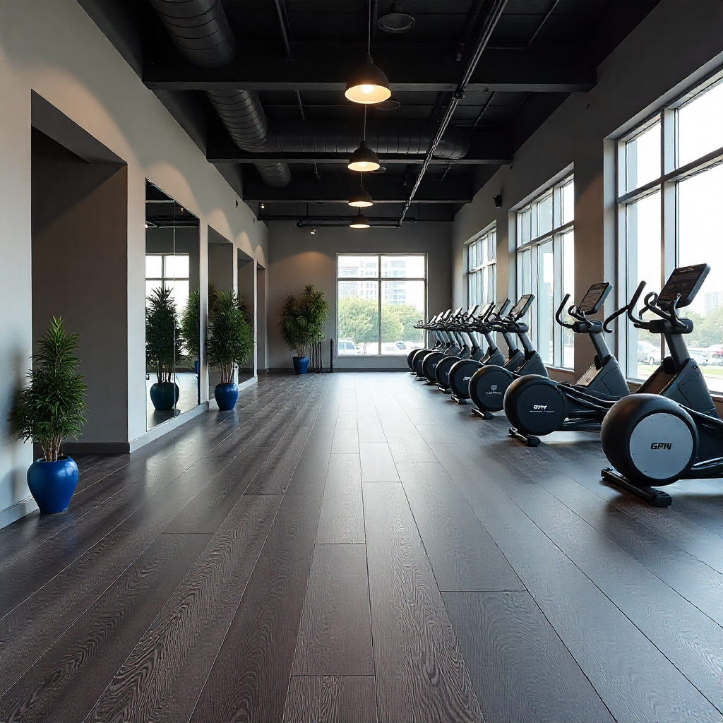 Gym interior featuring SPC sports flooring UAE with wood-look finish Gym interior featuring SPC sports flooring UAE with wood-look finish and seamless click-lock design.
