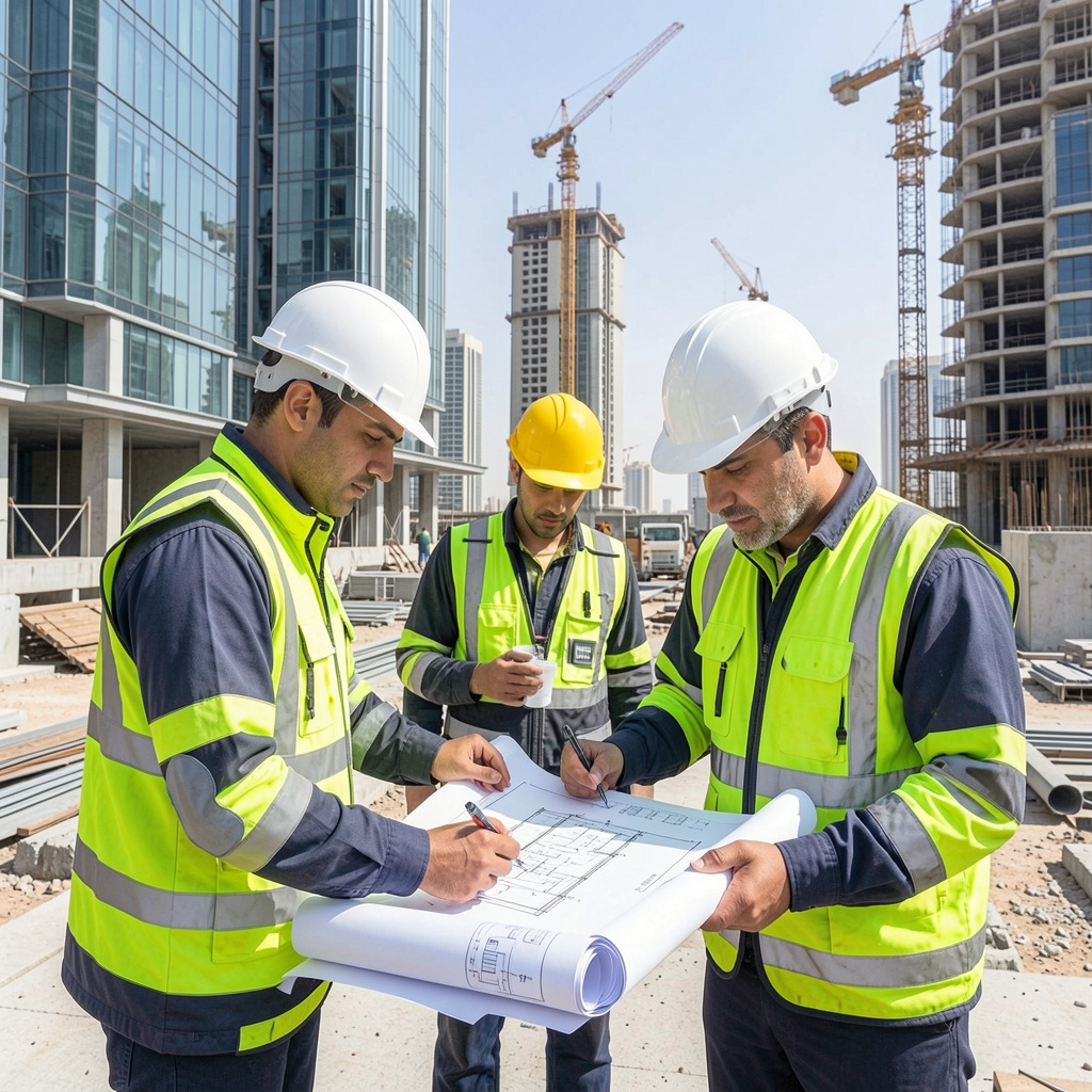 Construction team coordinating project timeline on UAE site