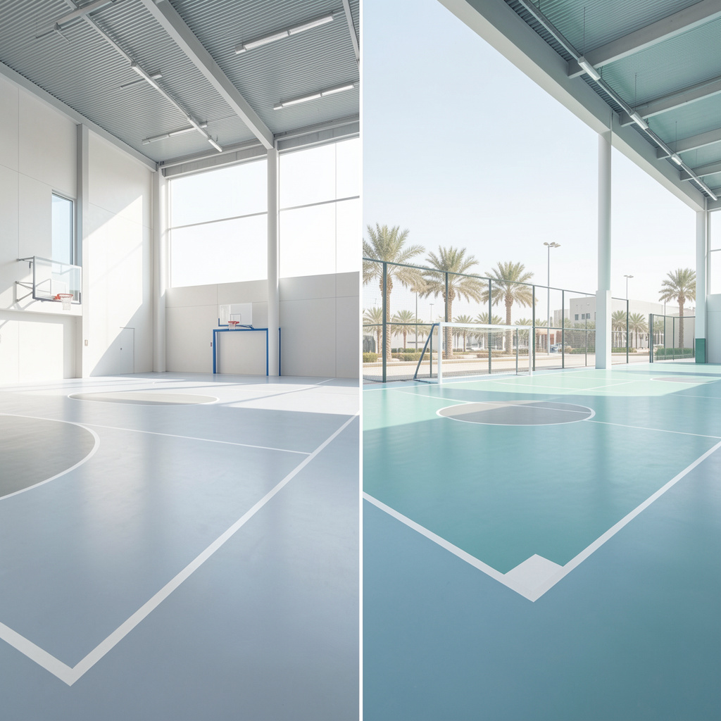 freepik_split-view-showing-indoor-sports-court-and-outdoor-court-smooth-modern-surfaces-clean-minimal-lines-bright-sunlit-uae-facility_0004 indoor vs outdoor sports flooring UAE climate comparison