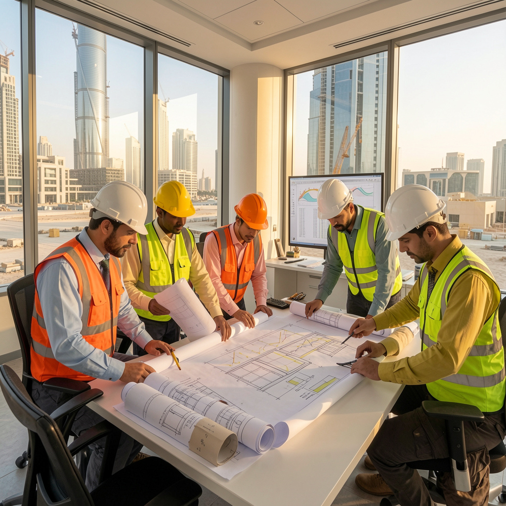 Modern commercial construction site in UAE with engineers supervising progress, safety helmets and reflective jackets, bright daylight, realistic architecture photography”