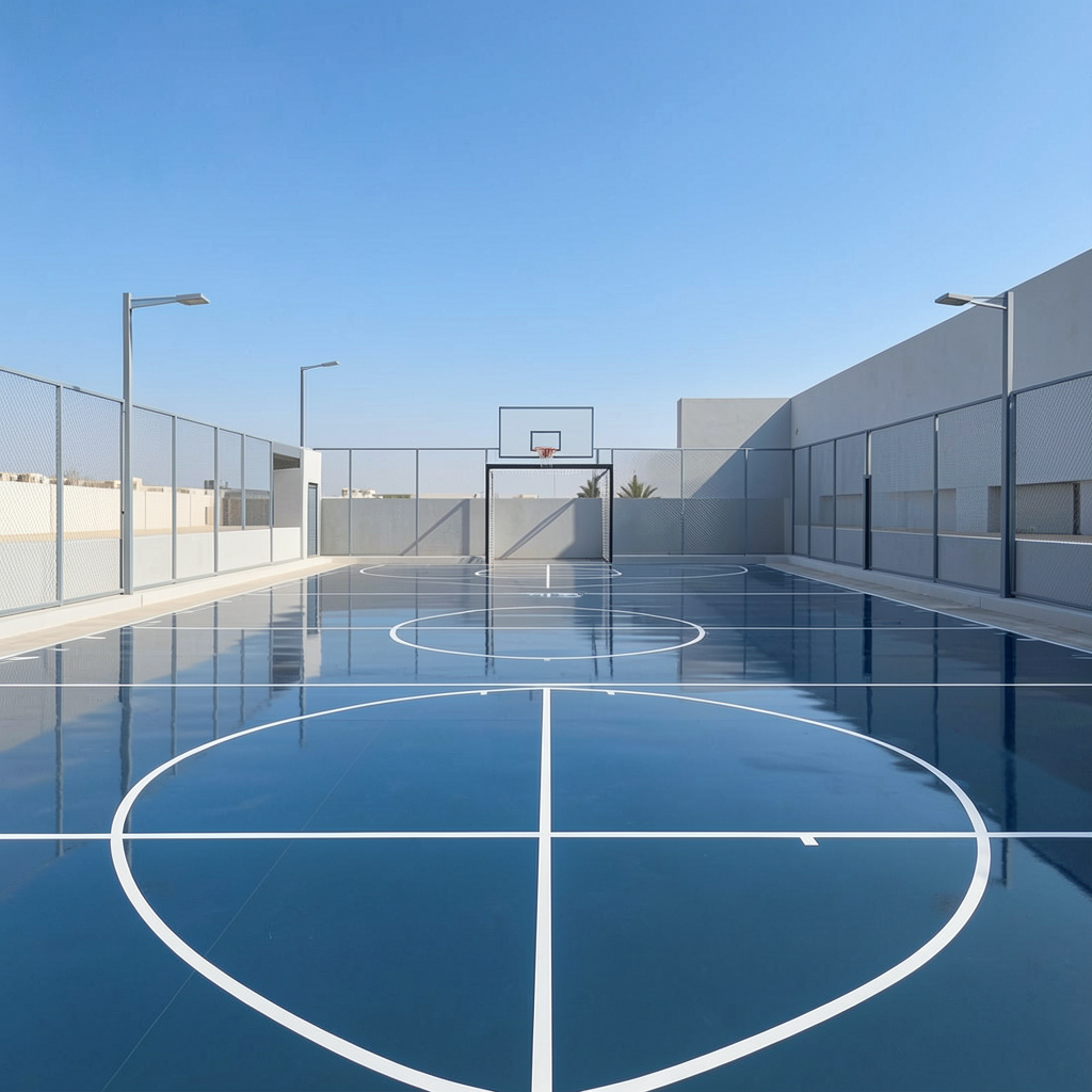 freepik_wideangle-view-of-modern-outdoor-court-glossy-acrylic-flooring-precise-court-markings-clear-blue-uae-sky-minimalist-design_0001 Outdoor sports court exposed to strong sunlight in Middle East climate, durable acrylic flooring surface visible, clear sky, modern community sports area, realistic photography