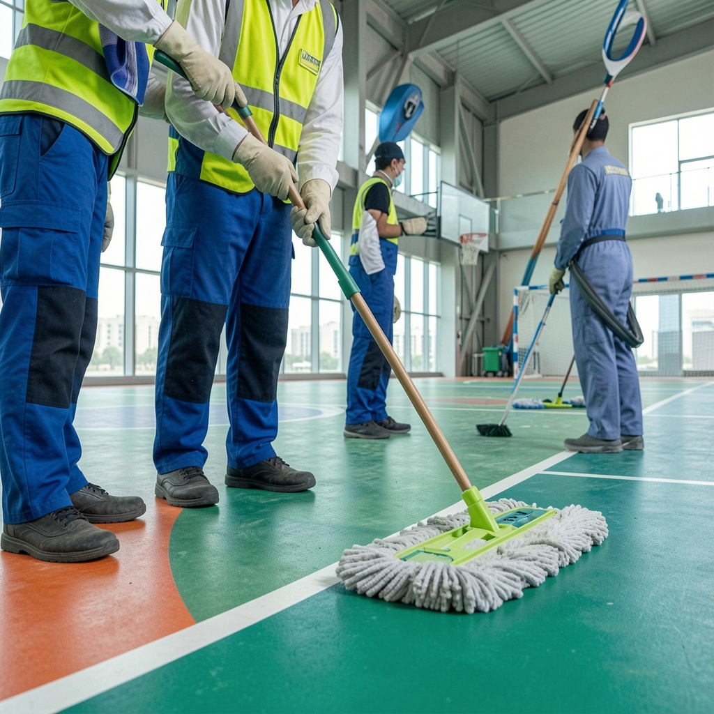 Daily dust removal from vinyl sports flooring in UAE