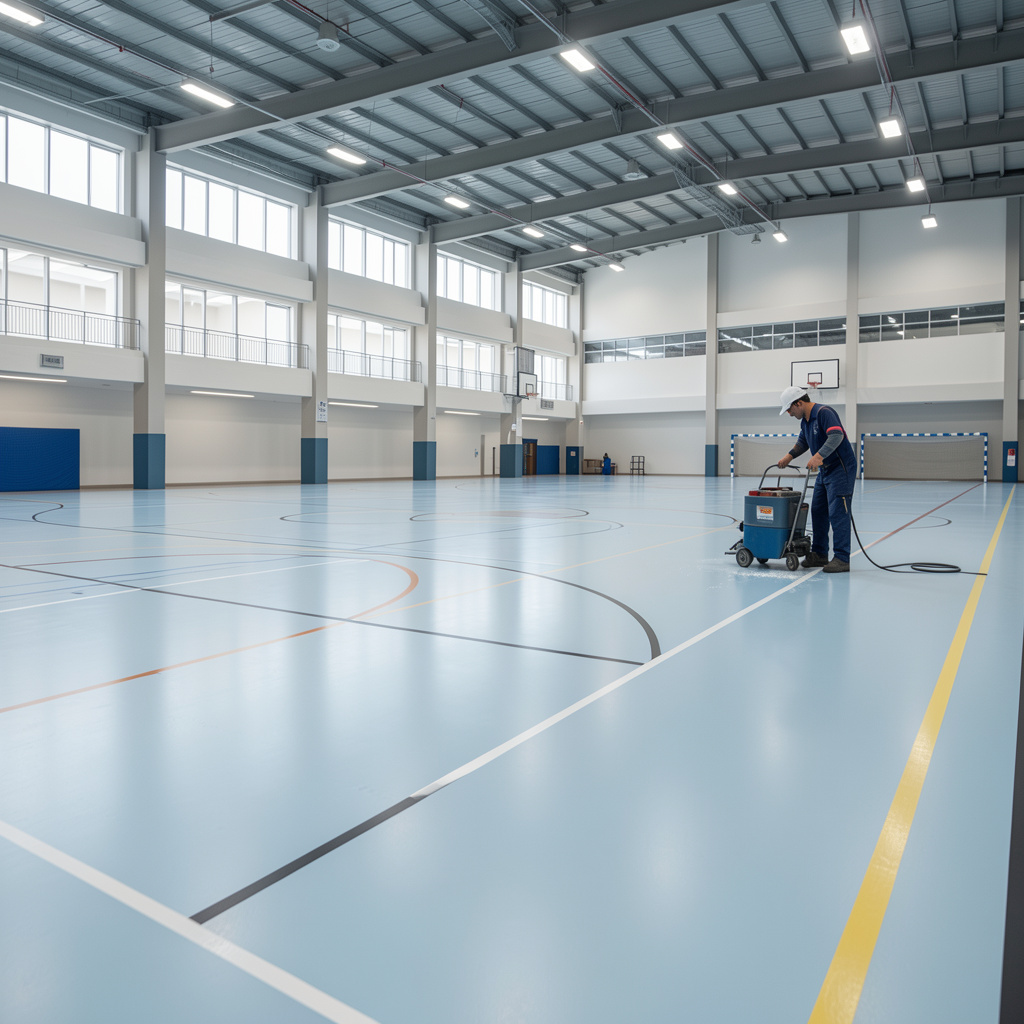 magnific_create-a-premium-photorea_lJycStpgv9 Sports flooring maintenance in a modern UAE indoor sports facility