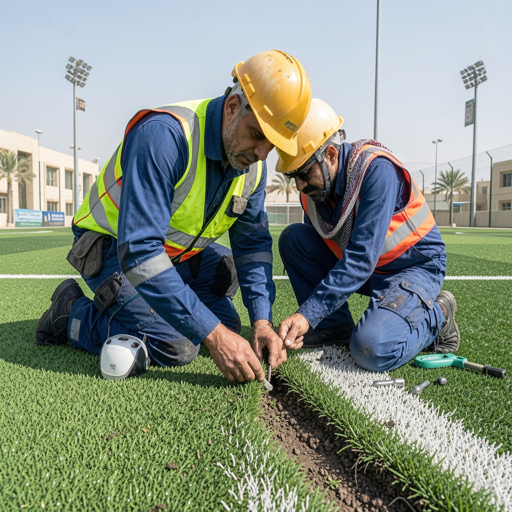 Professional artificial turf repair at a UAE sports facility