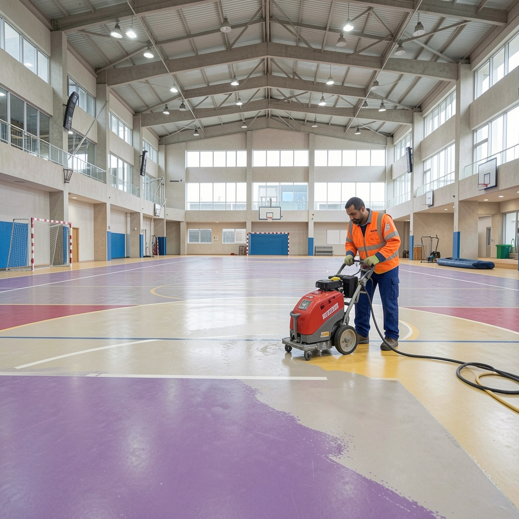magnific_wideangle-view-of-uae-spo_bxLCkie5Y2 Vinyl sports flooring cleaning in a modern UAE sports hall