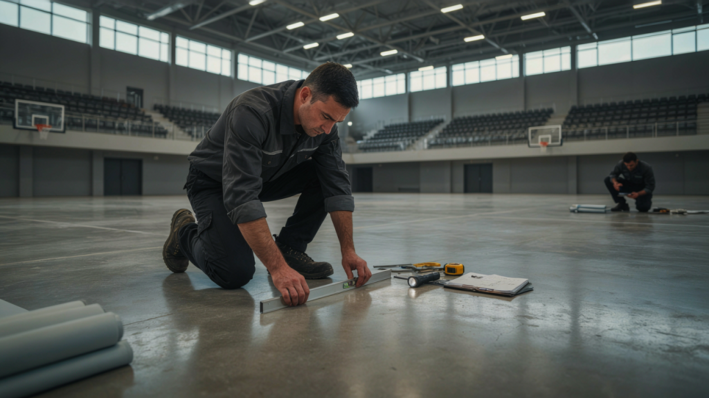 Technician inspecting a sports flooring surface before installation