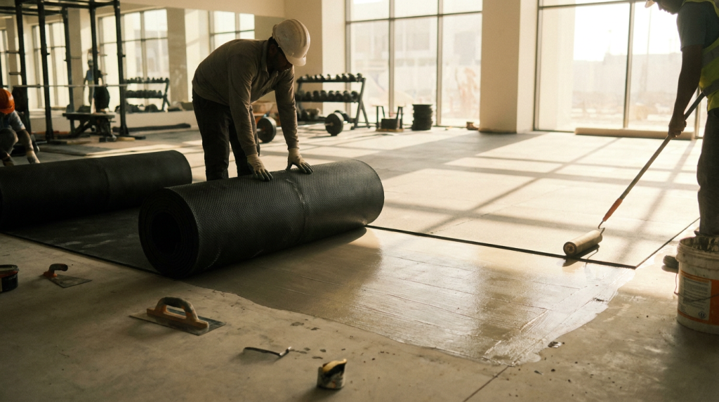 Professional installation of rubber flooring in an indoor sports facility
