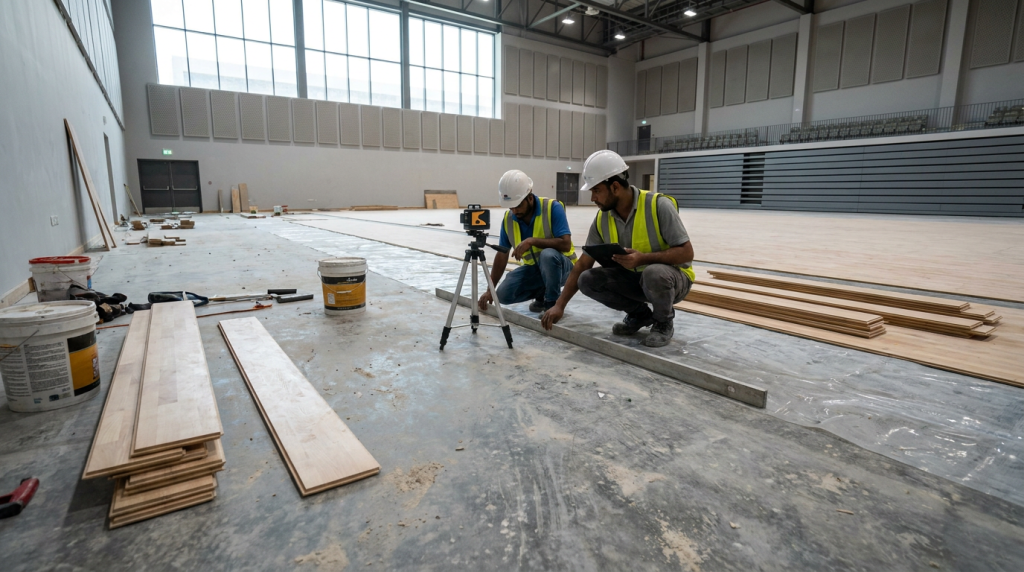 Prepared subfloor for wooden sports flooring installation