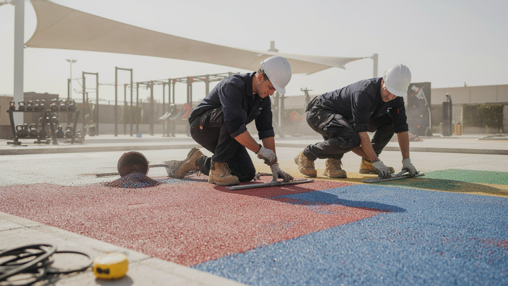 EPDM rubber granules being applied during sports flooring installation