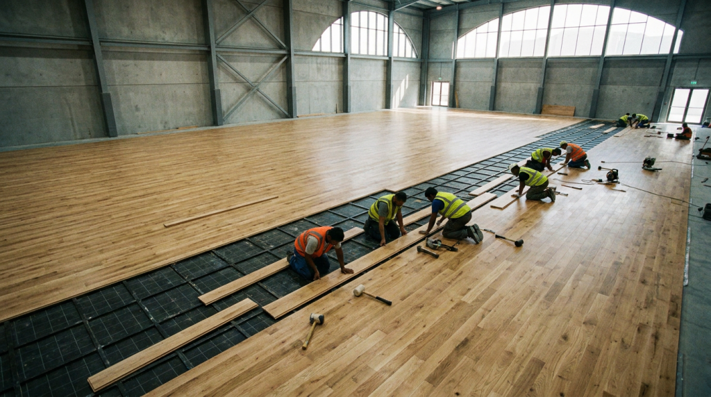 Technicians installing hardwood flooring in an indoor sports hall