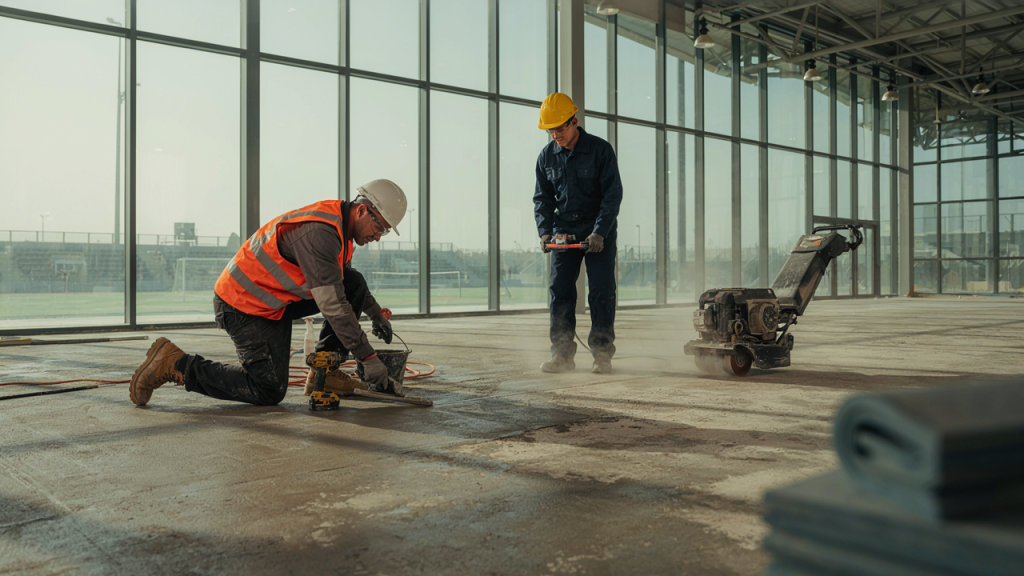 Sports court surface preparation before flooring installation in UAE