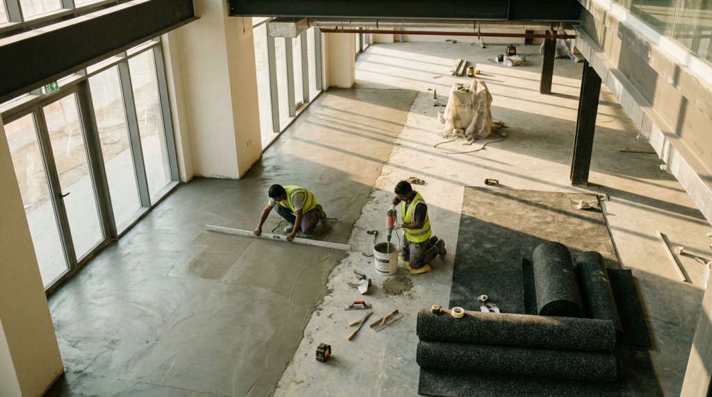 Surface preparation for rubber sports flooring installation
