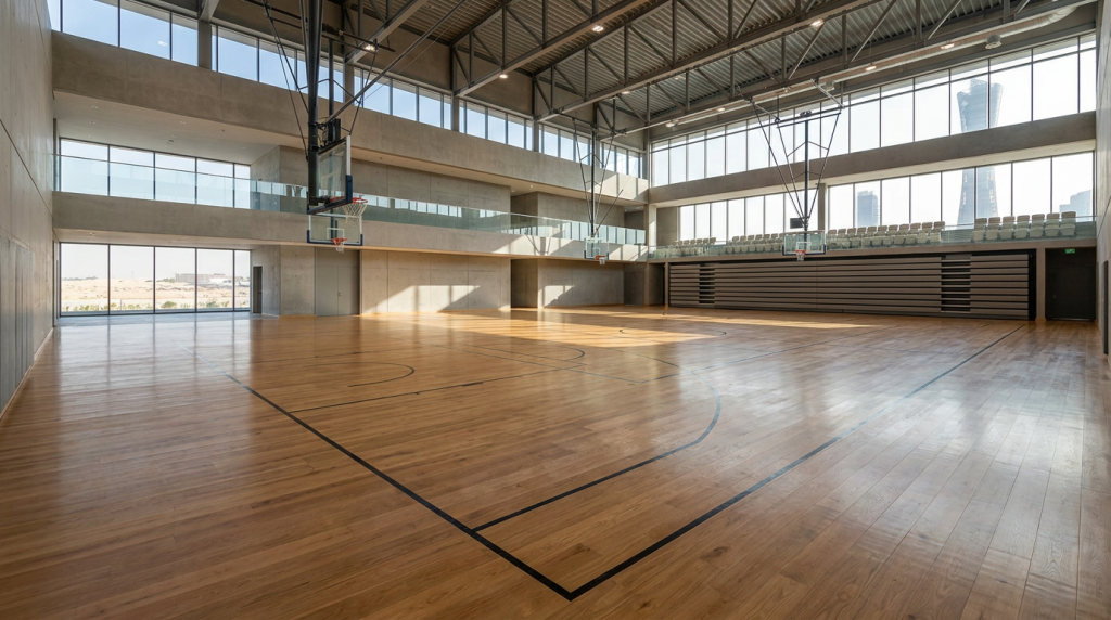 Modern indoor basketball court with professional wooden sports flooring