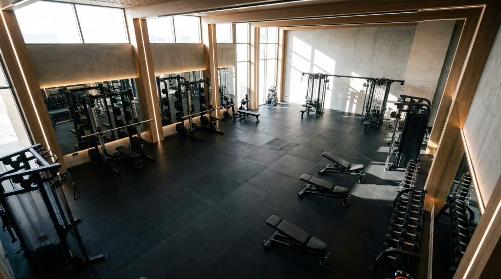 Modern indoor fitness facility with professionally installed rubber sports flooring
