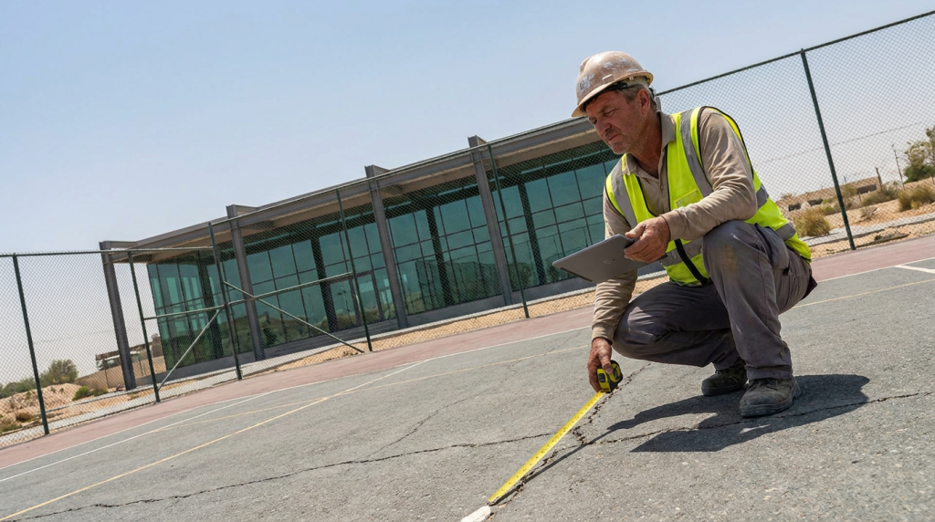 Existing tennis court inspection before football court conversion